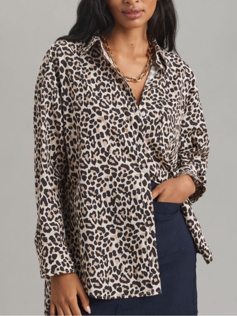 Anthropologie XS Maeve Bennett Leopard Print Buttondown Long Sleeve Tunic Top